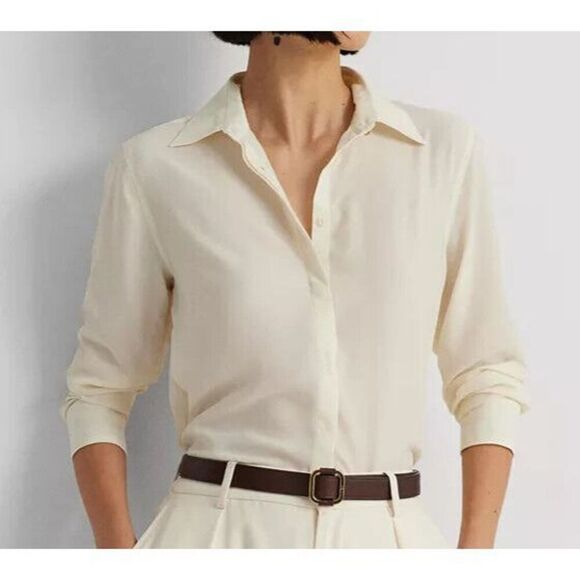 Lauren Ralph Lauren Women Sz S Winter Cream/Beige L/S Crepe Button-Up Shirt - Picture 8 of 10